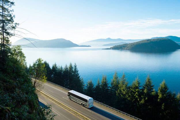 Bus driving the Sea to Sky Highway, BC